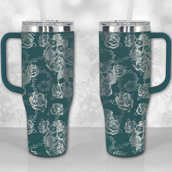 Sugar Skull and Roses Full Wrap Pattern  30oz or 40oz Tumbler with Handle, Best Gifts NVA