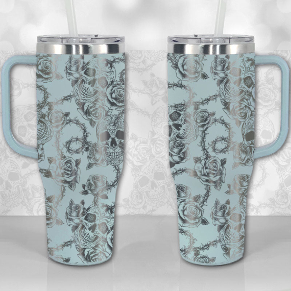 Sugar Skull and Roses Full Wrap Pattern  30oz or 40oz Tumbler with Handle, Best Gifts NVA