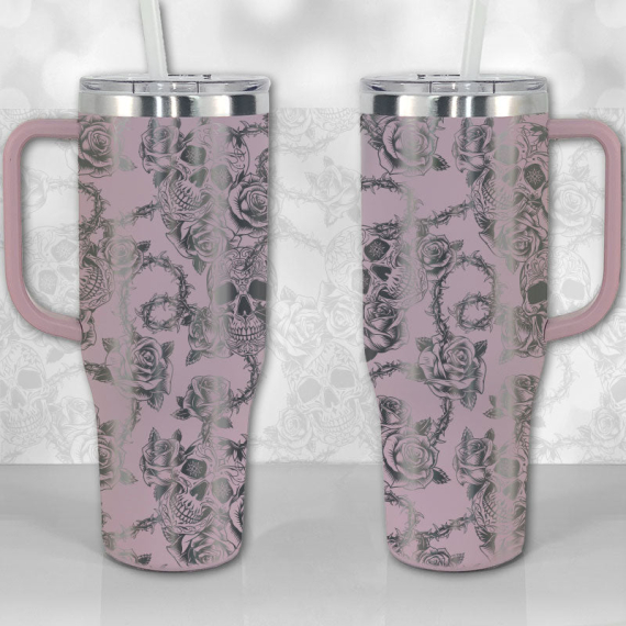Sugar Skull and Roses Full Wrap Pattern  30oz or 40oz Tumbler with Handle, Best Gifts NVA