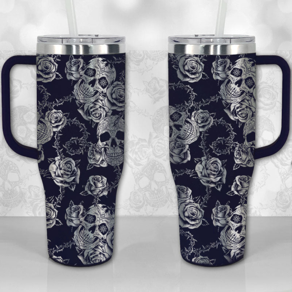 Sugar Skull and Roses Full Wrap Pattern  30oz or 40oz Tumbler with Handle, Best Gifts NVA