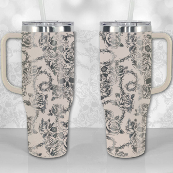 Sugar Skull and Roses Full Wrap Pattern  30oz or 40oz Tumbler with Handle, Best Gifts NVA