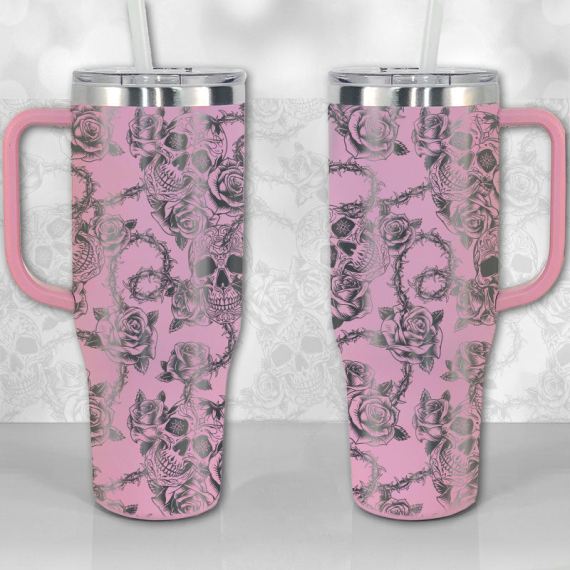 Sugar Skull and Roses Full Wrap Pattern  30oz or 40oz Tumbler with Handle, Best Gifts NVA