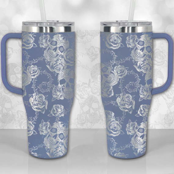 Sugar Skull and Roses Full Wrap Pattern  30oz or 40oz Tumbler with Handle, Best Gifts NVA