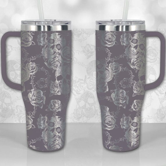 Sugar Skull and Roses Full Wrap Pattern  30oz or 40oz Tumbler with Handle, Best Gifts NVA