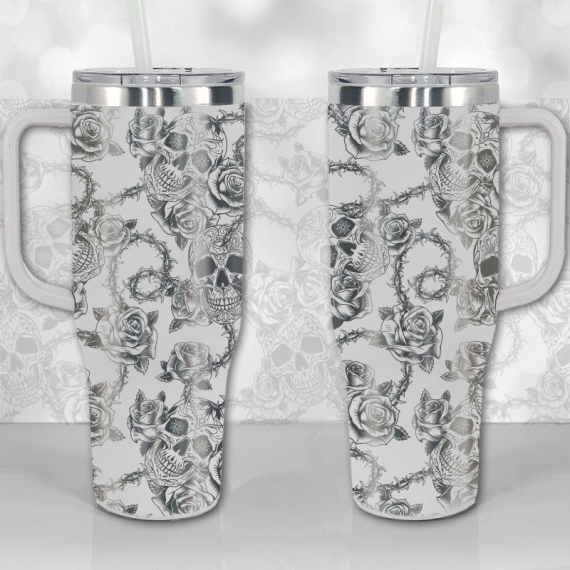 Sugar Skull and Roses Full Wrap Pattern  30oz or 40oz Tumbler with Handle, Best Gifts NVA