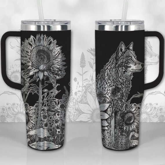 Wolf and Sunflowers  30oz or 40oz Tumbler with Handle, Best Gifts NVA