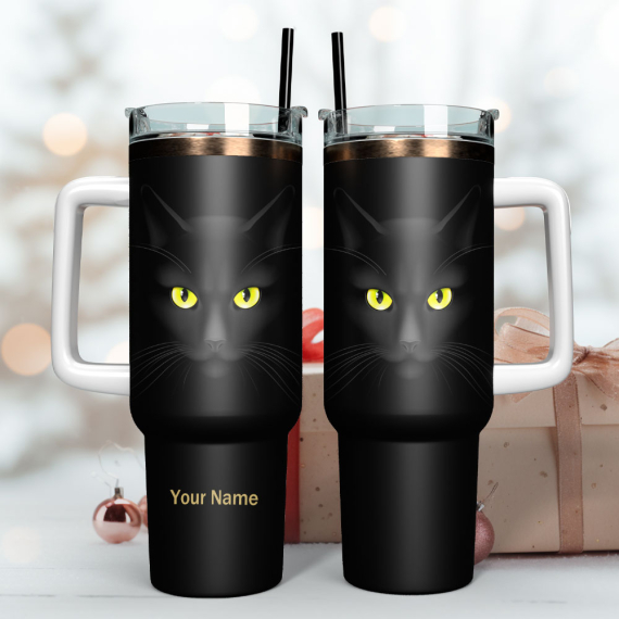 Black Cat Artwork Custom Stanley Quencher 30oz or 40oz Stainless Steel Tumbler With Handle HG