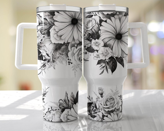 Black and White  Floral Seamless 30oz or 40oz Tumbler HG