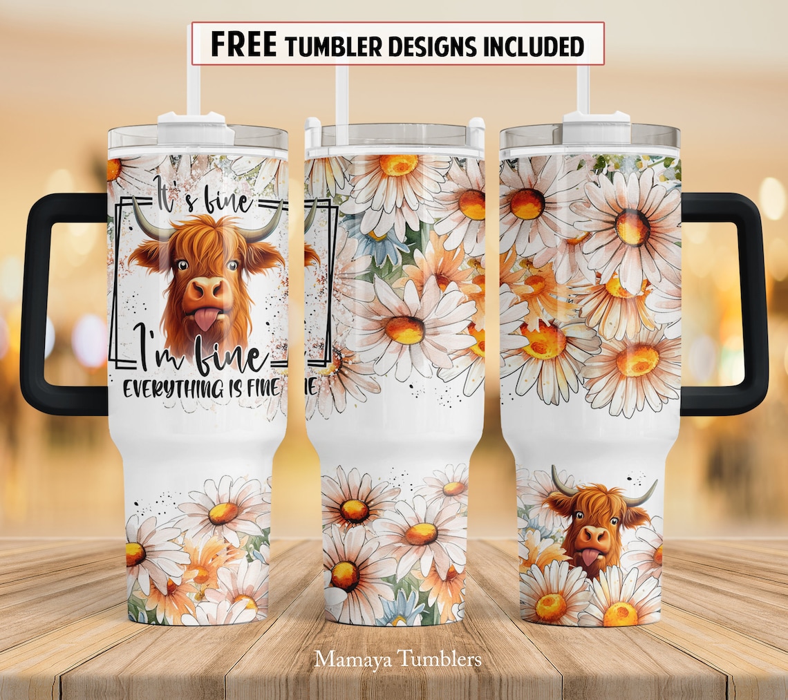 It's fine I'm fine everything is fine 30oz or 40oz Quencher Tumbler Gift For Her Him Birthday Gift LN Funny quote Highland cow Waterslide