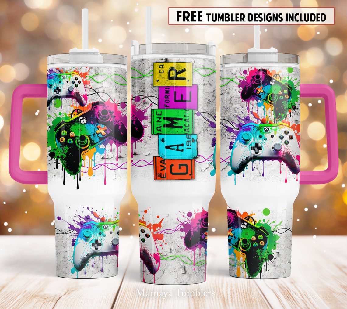 Gamer 30oz or 40oz Quencher Tumbler Gift For Her Him Birthday Gift LN Neon Video game controller Waterslide