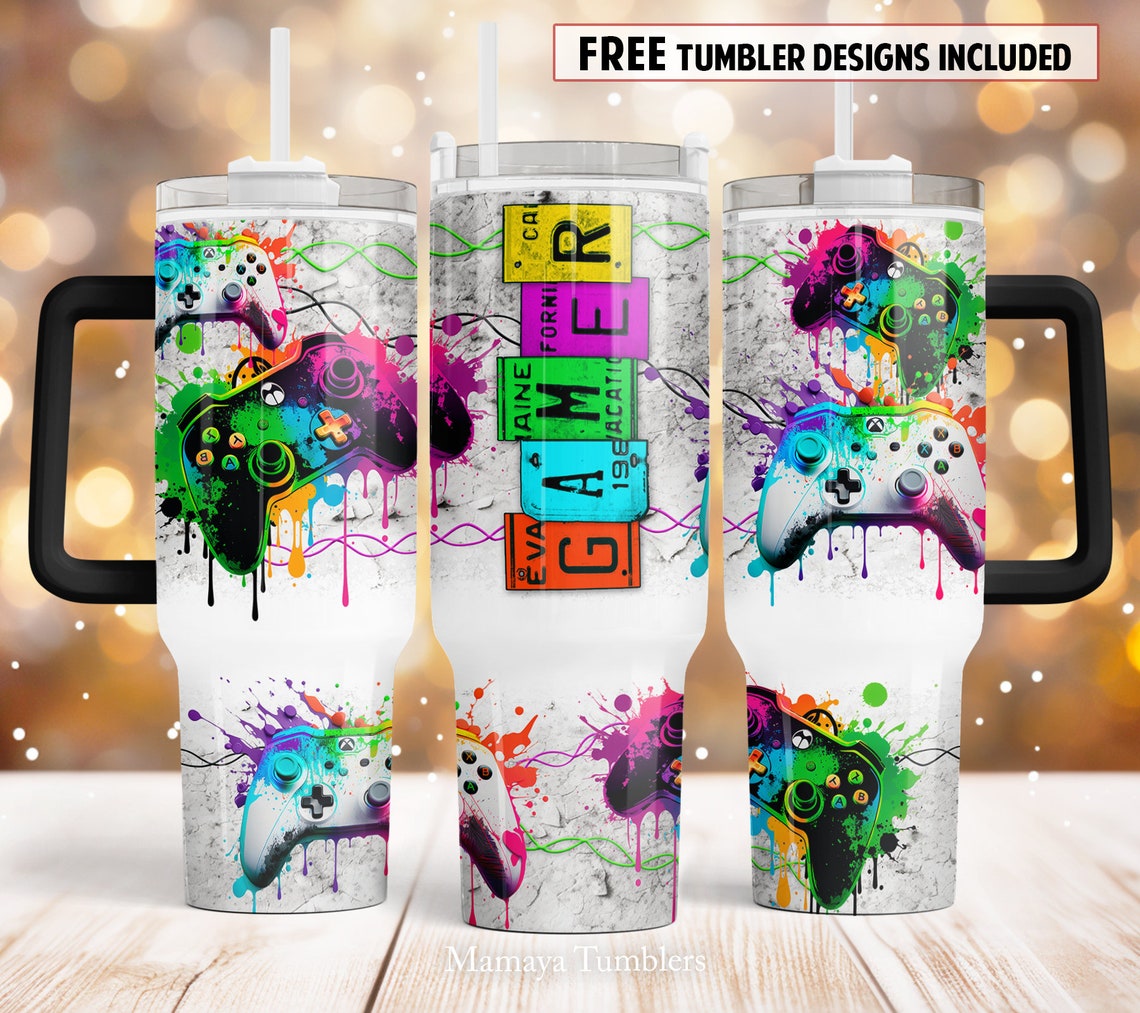 Gamer 30oz or 40oz Quencher Tumbler Gift For Her Him Birthday Gift LN Neon Video game controller Waterslide