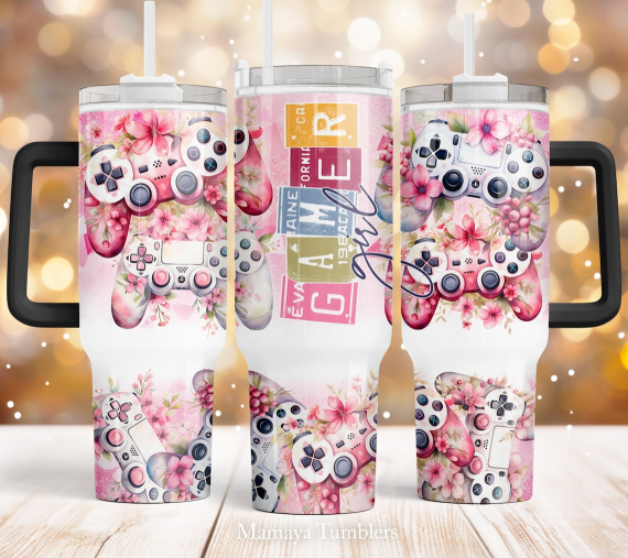 Gamer girl 30oz or 40oz Quencher Tumbler Gift For Her Him Birthday Gift LN Flowers Video game controller Waterslide
