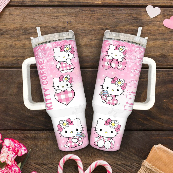 Kitty Coffee Pink Cat 30oz or 40oz Tumbler with Handle, Gift for Hello Kitty Fan, Birthday Anniversary Tumbler Gift HFN