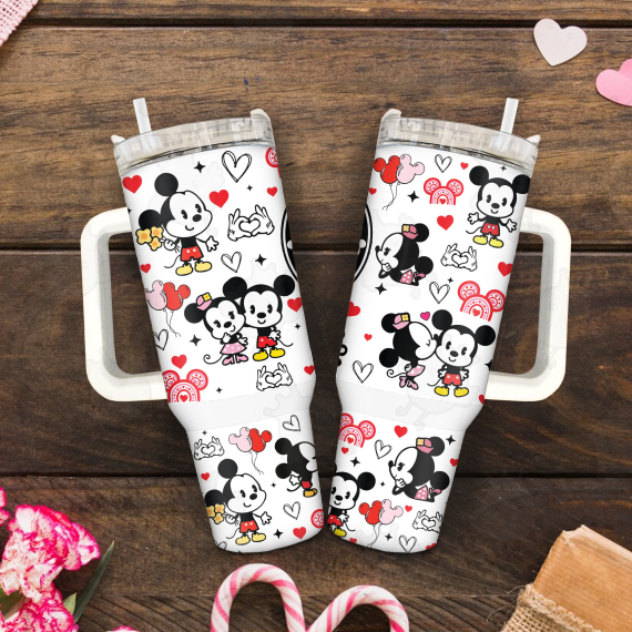 Glitter Disney Coffee Mickey and Minnie Valentine 30oz or 40oz Cartoon Quencher Tumbler with Handle, Birthday Anniversary Tumbler Gift, Cartoon Character Tumbler, Magic World Tumbler HFN