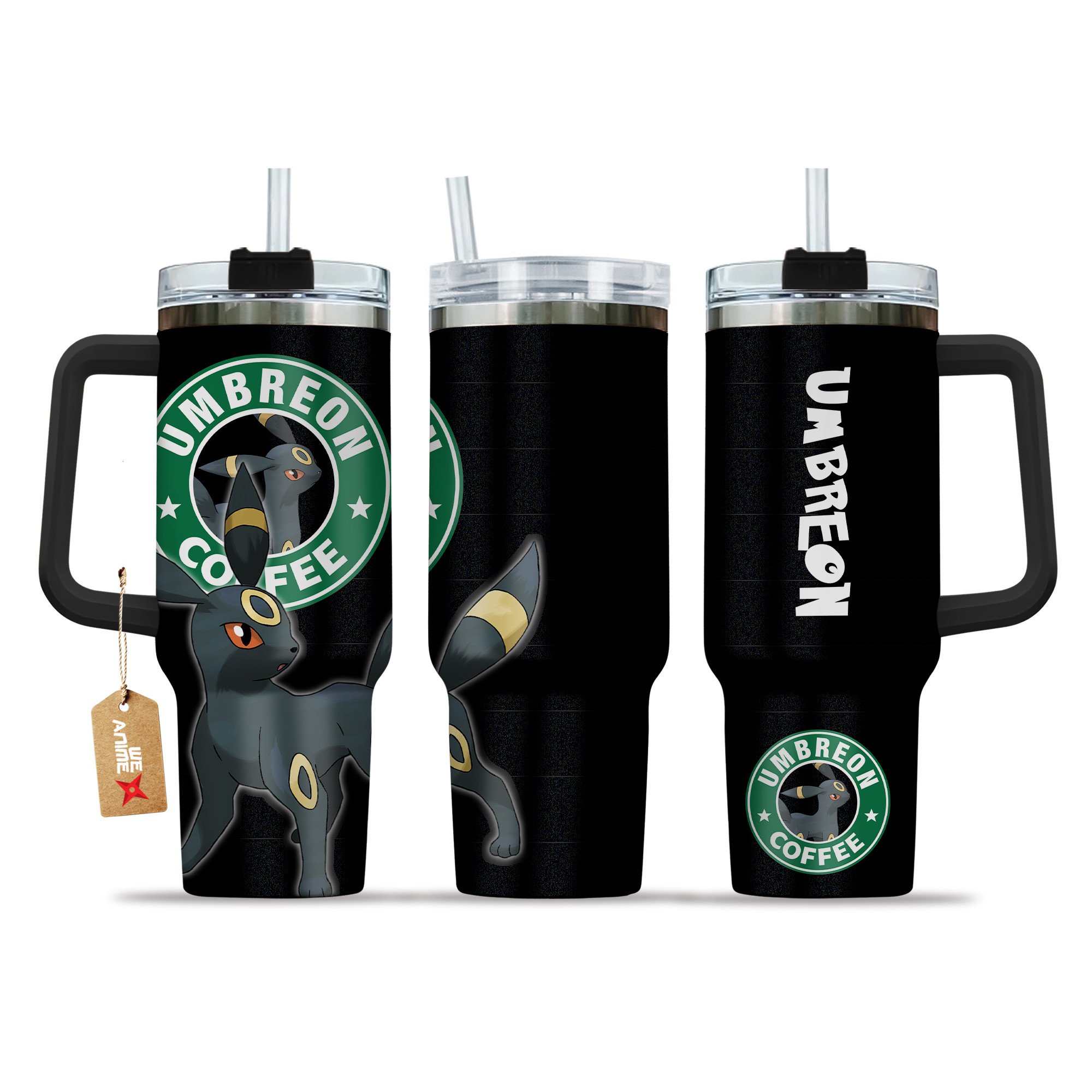Umbreon Coffee Pokemon Anime Custom 30oz or 40oz Quencher Stainless Steel Tumbler With Handle, Best Gift Idea NVA