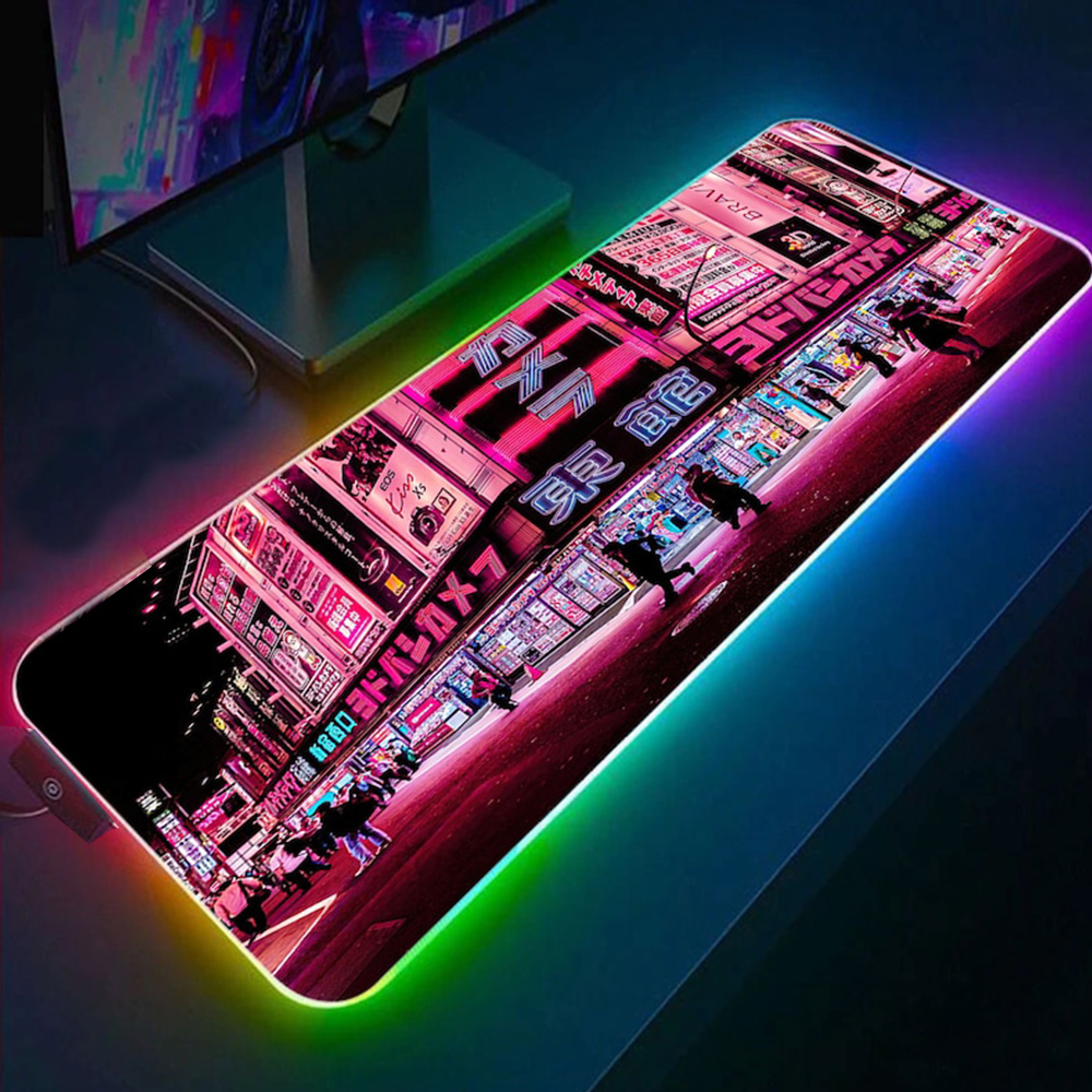 Anime Japanese City Gaming RGB Mousepad Led Gaming Computer Accessories HG