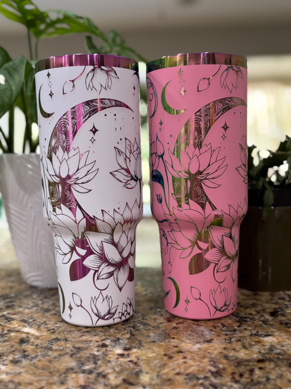 Celestial Moon and Lotus Flowers Engraved 30 or 40oz HFN Stainless Steel Tumbler Insulated Cup with Lid and Straw, Celestial Gift