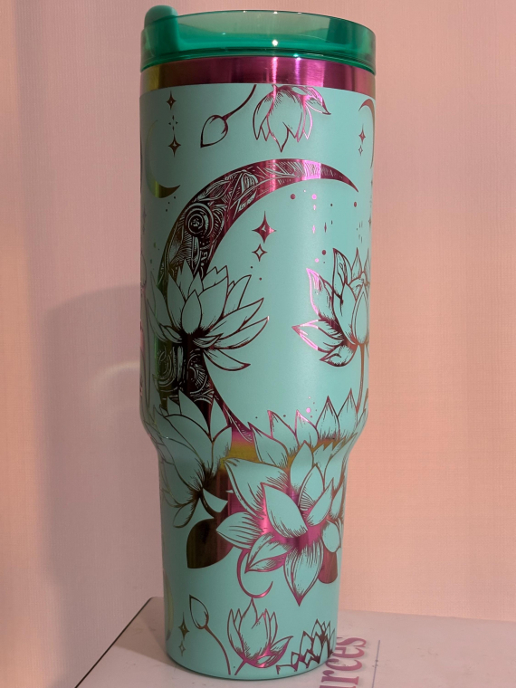 Celestial Moon and Lotus Flowers Engraved 30 or 40oz HFN Stainless Steel Tumbler Insulated Cup with Lid and Straw, Celestial Gift
