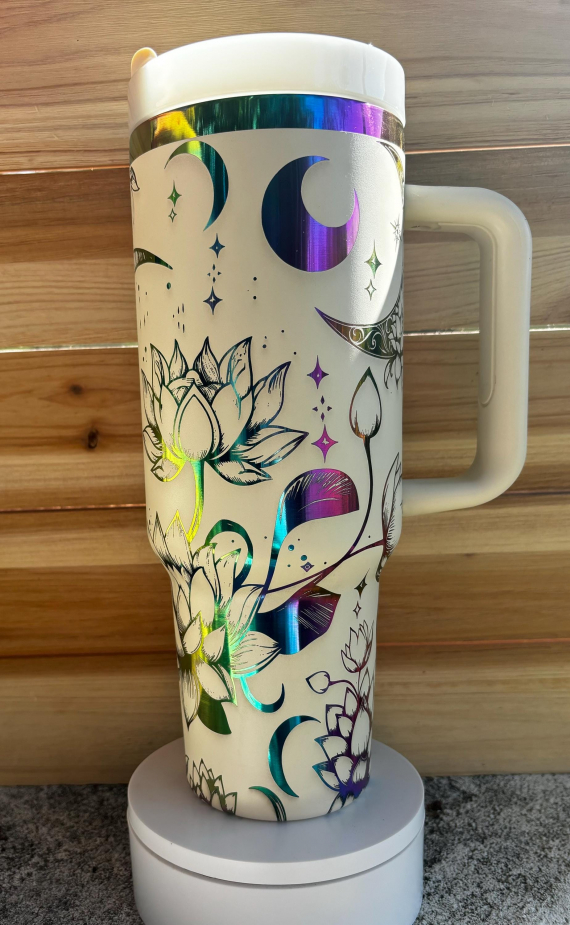 Celestial Moon and Lotus Flowers Engraved 30 or 40oz HFN Stainless Steel Tumbler Insulated Cup with Lid and Straw, Celestial Gift