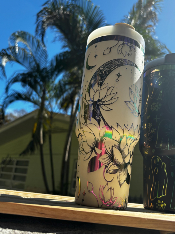 Celestial Moon and Lotus Flowers Engraved 30 or 40oz HFN Stainless Steel Tumbler Insulated Cup with Lid and Straw, Celestial Gift