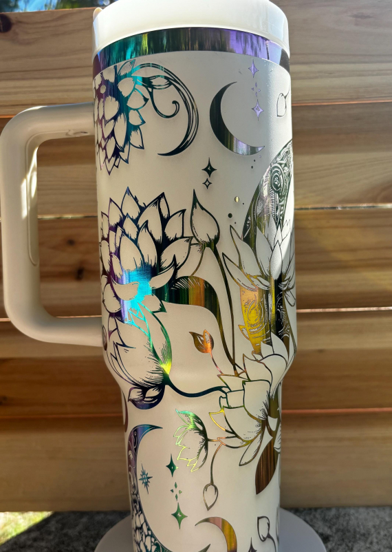 Celestial Moon and Lotus Flowers Engraved 30 or 40oz HFN Stainless Steel Tumbler Insulated Cup with Lid and Straw, Celestial Gift
